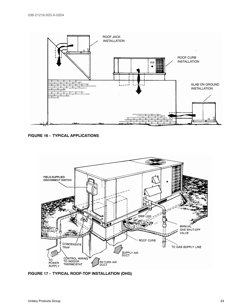 Figure 16 - typical applications, Figure 17 - typical roof-top installation (dhg) | York D2HE/D2HG060 User Manual | Page 23 / 28