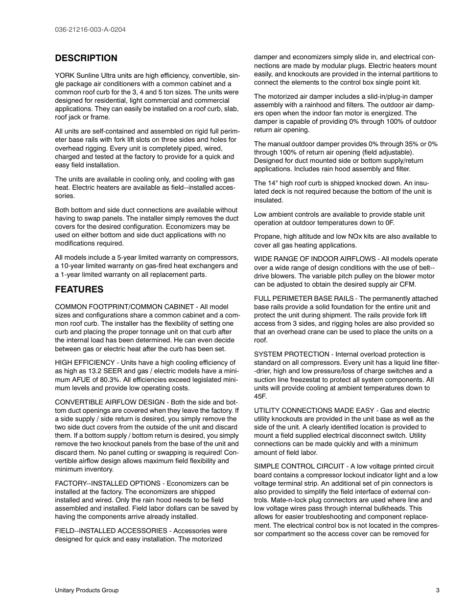 Description, Features | York D2HE/D2HG060 User Manual | Page 3 / 28