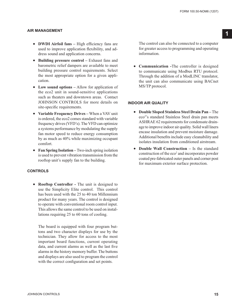 Air management, Controls, Indoor air quality | York ECO2 YPAL 050 User Manual | Page 15 / 168