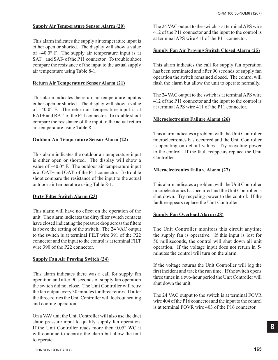 Supply air temperature sensor alarm (20), Return air temperature sensor alarm (21), Outdoor air temperature sensor alarm (22) | Dirty filter switch alarm (23), Supply fan air proving switch (24), Supply fan air proving switch closed alarm (25), Microelectronics failure alarm (26), Microelectronics failure alarm (27), Supply fan overload alarm (28) | York ECO2 YPAL 050 User Manual | Page 165 / 168