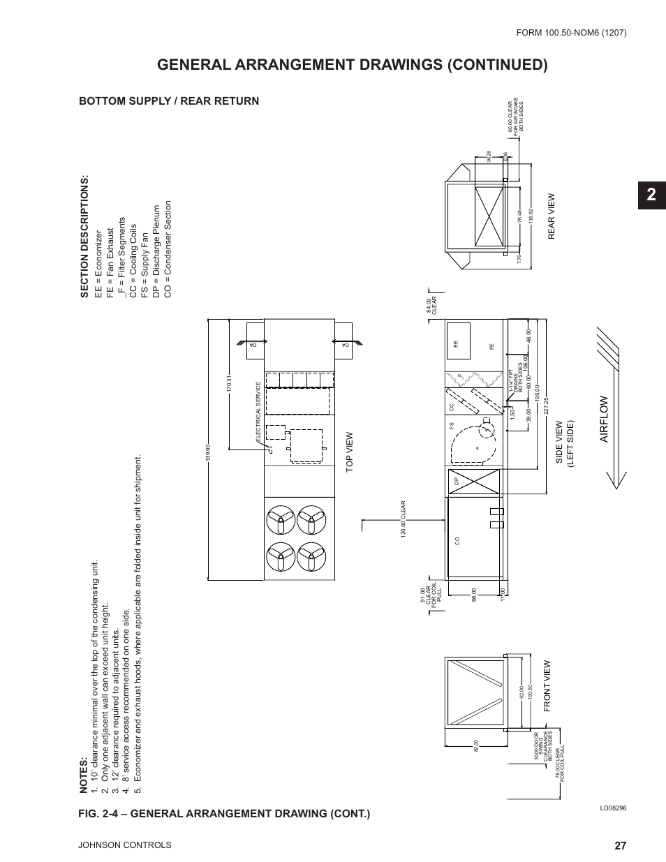 Bottom supply / rear return, General arrangement drawings (continued), Airflow | York ECO2 YPAL 050 User Manual | Page 27 / 168