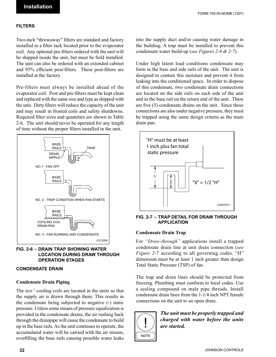 Filters, Condensate drain, Condensate drain piping | Condensate drain trap | York ECO2 YPAL 050 User Manual | Page 32 / 168