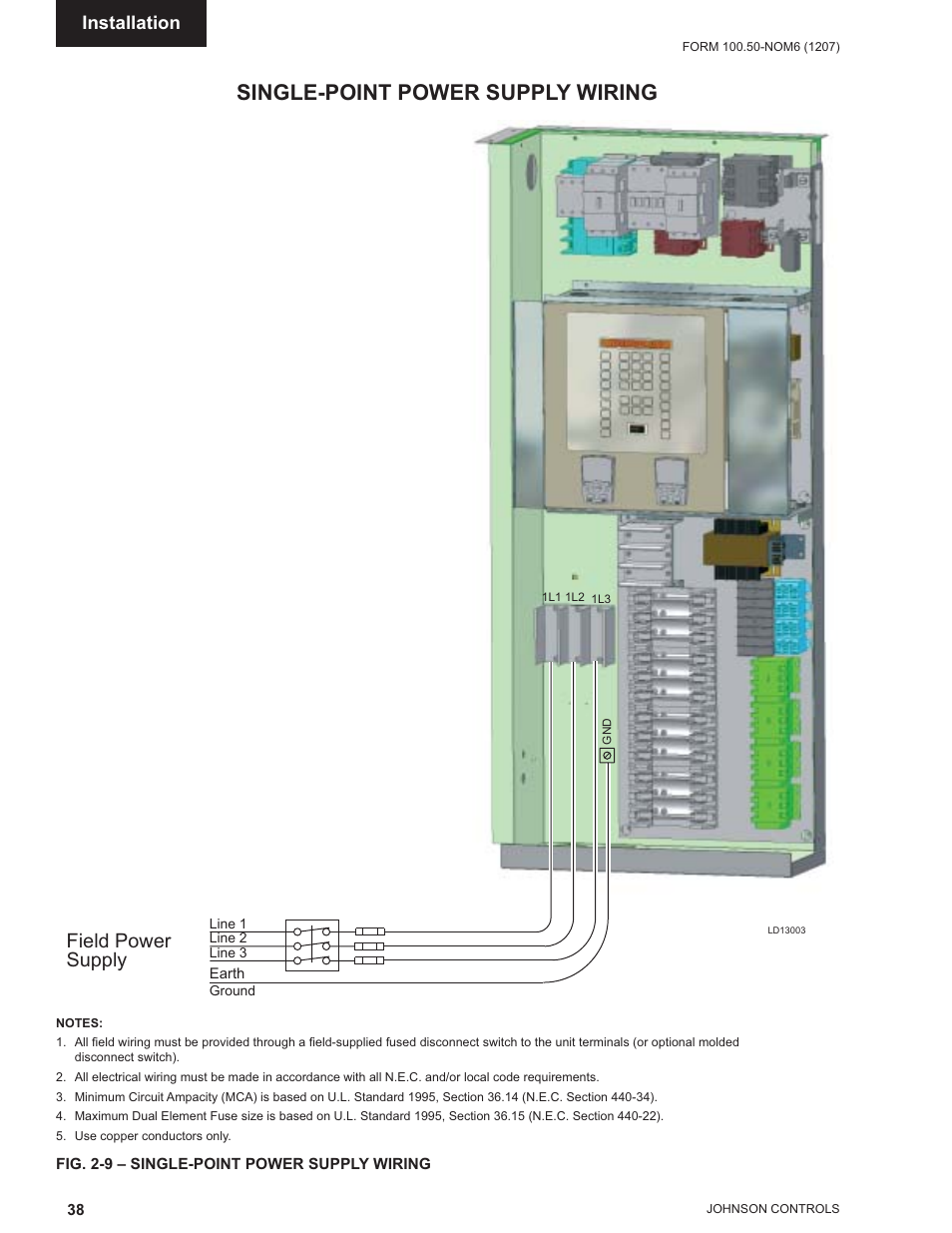 Single-point power supply wiring, Field power supply, Installation | York ECO2 YPAL 050 User Manual | Page 38 / 168