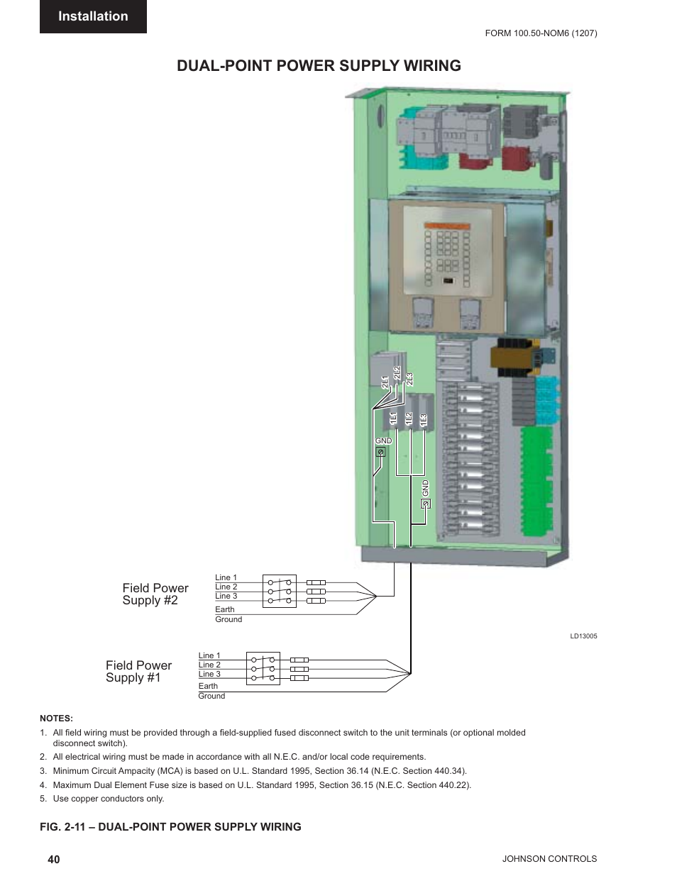 Dual-point power supply wiring, Installation, Field power supply #2 | Field power supply #1 | York ECO2 YPAL 050 User Manual | Page 40 / 168