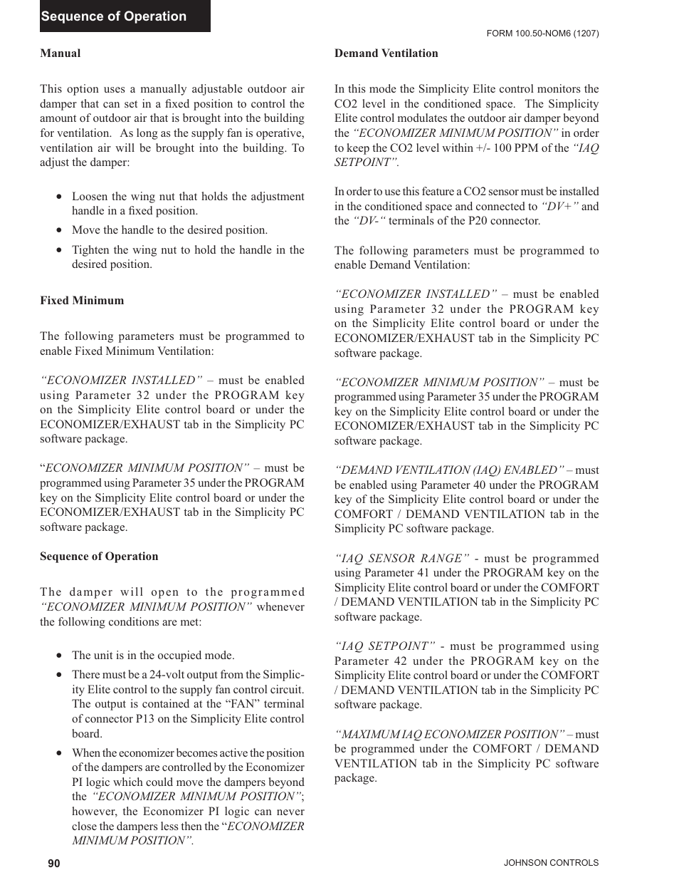 Manual, Fixed minimum, Sequence of operation | Demand ventilation | York ECO2 YPAL 050 User Manual | Page 90 / 168