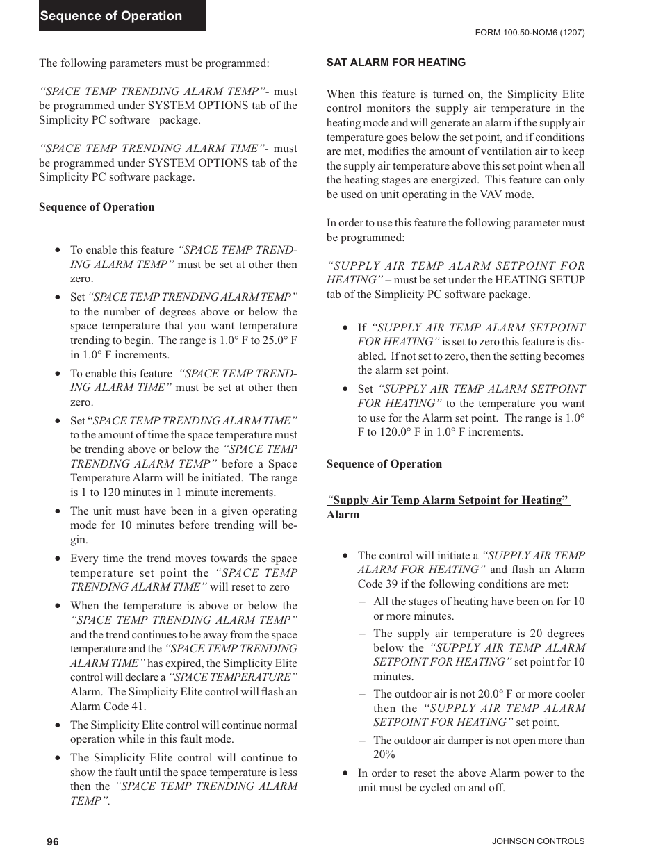 Sat alarm for heating, Sequence of operation, Supply air temp alarm setpoint for heating” alarm | York ECO2 YPAL 050 User Manual | Page 96 / 168