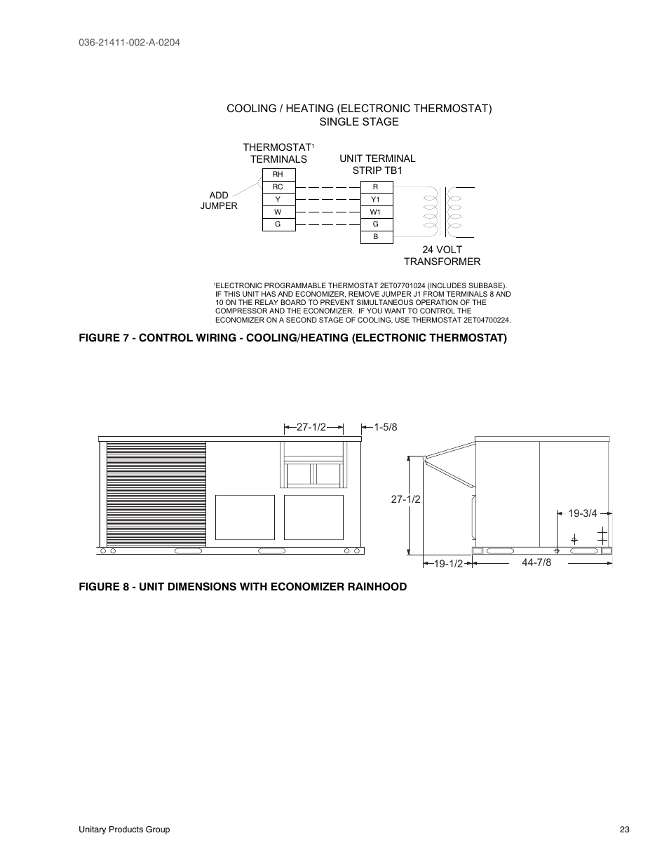 7 control wiring - cooling/heating, Electronic thermostat), 8 unit dimensions with economizer | Rainhood | York SUNLINE PLUS D1EE036 User Manual | Page 23 / 32