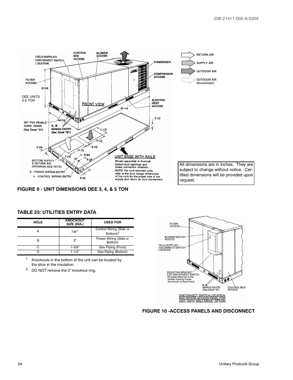 Figure 9 - unit dimensions dee 3, 4, & 5 ton, Table 23: utilities entry data, Figure 10 - access panels and disconnect | 23 utilities entry data, Figure 10 -access panels and disconnect | York SUNLINE PLUS D1EE036 User Manual | Page 24 / 32