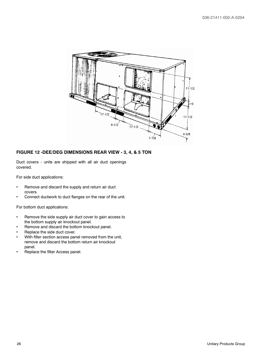 12 dee/deg dimensions rear view, 3, 4, & 5 ton | York SUNLINE PLUS D1EE036 User Manual | Page 26 / 32