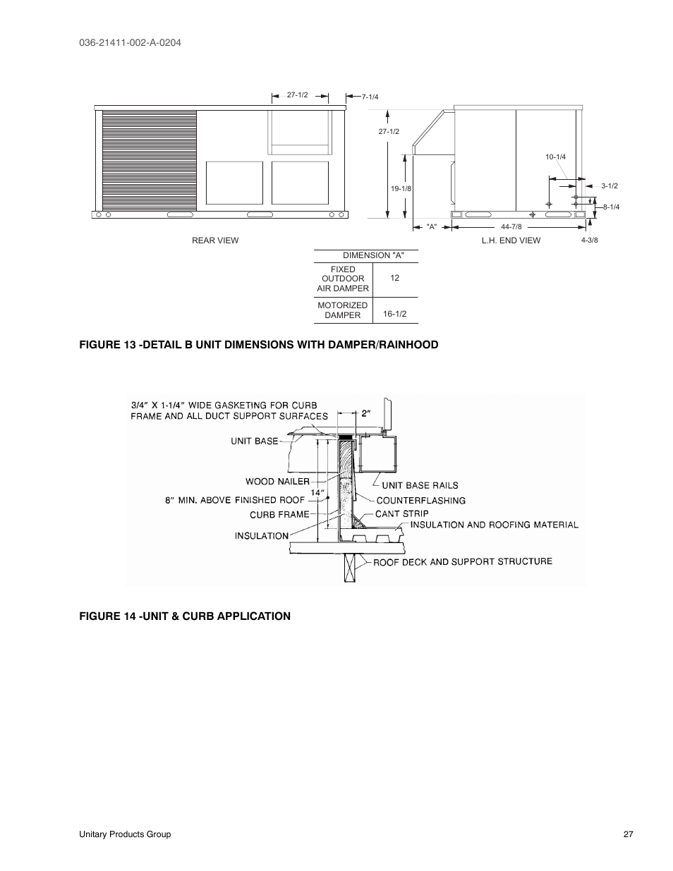 Figure 14 - unit & curb application, 13 detail b unit dimensions with damper, Rainhood | 14 unit & curb application | York SUNLINE PLUS D1EE036 User Manual | Page 27 / 32