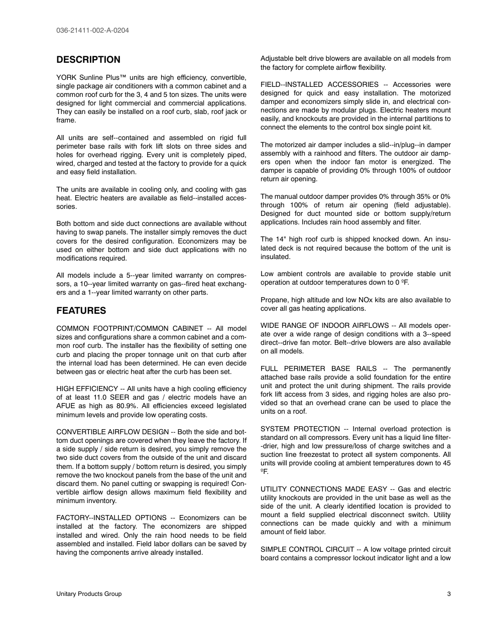 Description, Features | York SUNLINE PLUS D1EE036 User Manual | Page 3 / 32