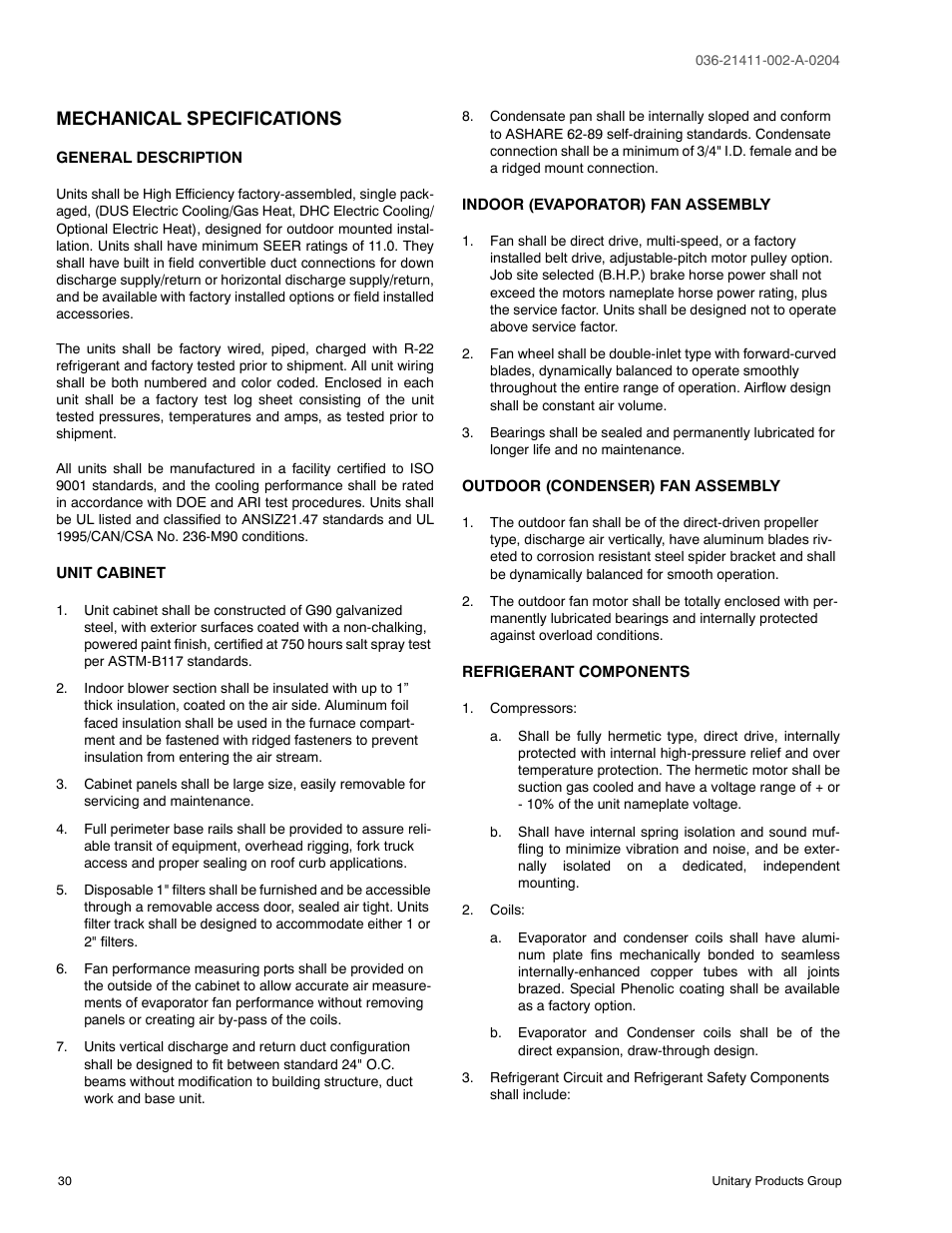 Mechanical specifications, General description, Unit cabinet | Indoor (evaporator) fan assembly, Outdoor (condenser) fan assembly, Refrigerant components | York SUNLINE PLUS D1EE036 User Manual | Page 30 / 32