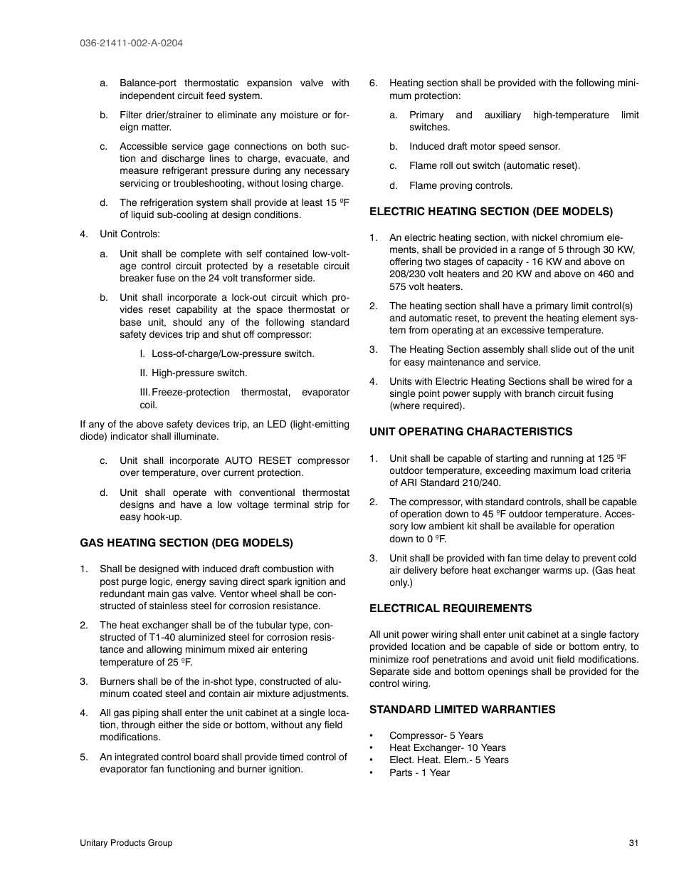 Gas heating section (deg models), Electric heating section (dee models), Unit operating characteristics | Electrical requirements, Standard limited warranties | York SUNLINE PLUS D1EE036 User Manual | Page 31 / 32