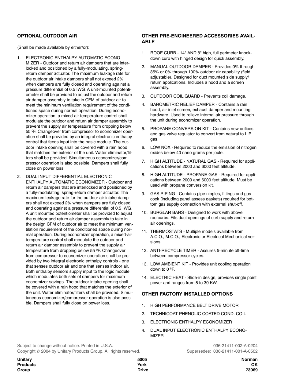 Optional outdoor air, Other pre-engineered accessories available, Other factory installed options | York SUNLINE PLUS D1EE036 User Manual | Page 32 / 32