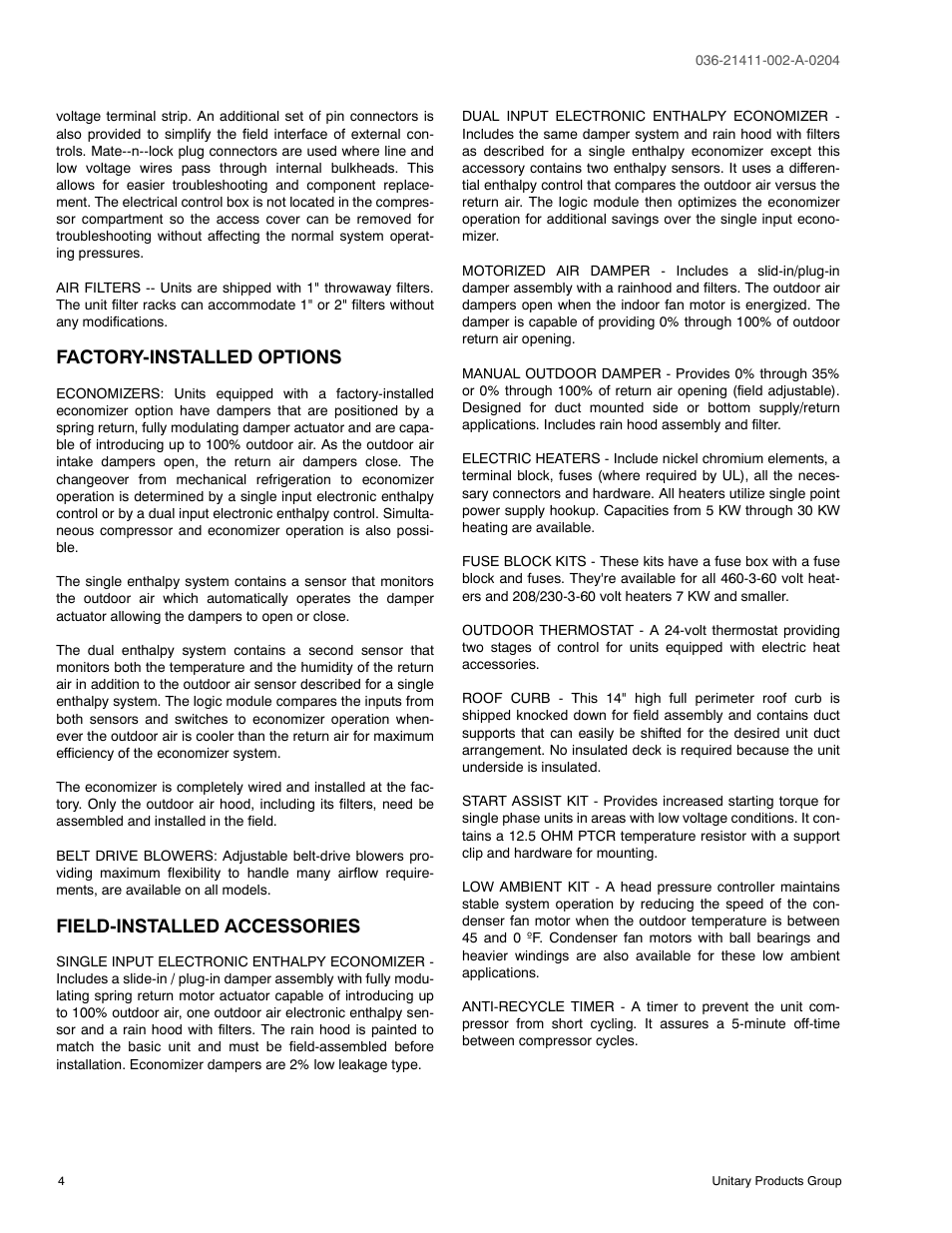 Factory-installed options, Field-installed accessories | York SUNLINE PLUS D1EE036 User Manual | Page 4 / 32