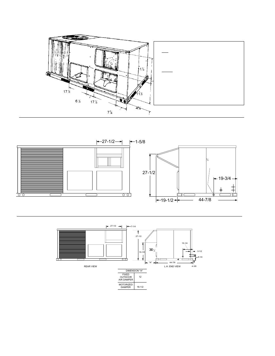 Unit dimensions - cont'd, Bch - 3, 4 & 5 ton), Rear view | Detail “a” unit with economizer rainhood | York SUNLINE 2000 48 User Manual | Page 16 / 24