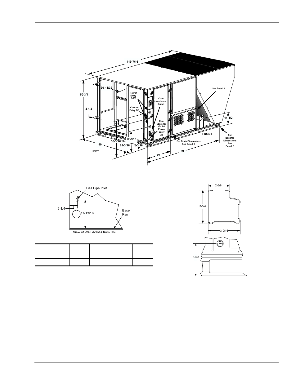Figure 7 - unit dimensions, Table 6: unit clearances, Detail a | Detail b, Detail c | York DJ150 User Manual | Page 13 / 52