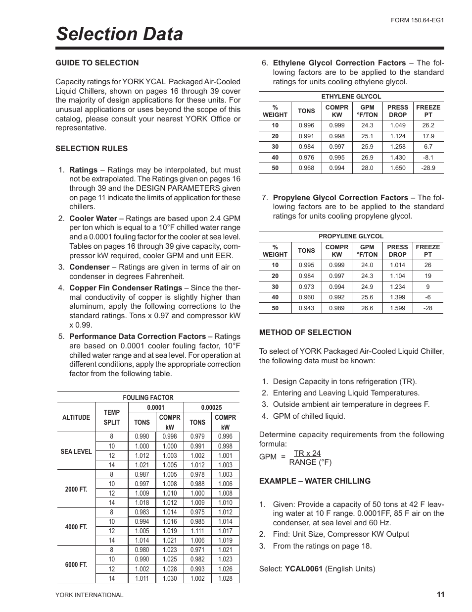 Selection data | York YCAL0041 User Manual | Page 11 / 80