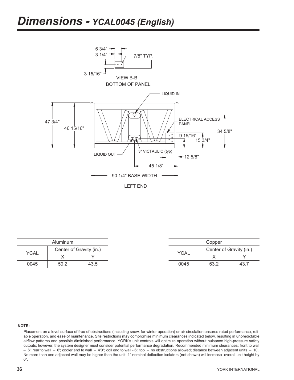 Dimensions - ycal0045 (english), Dimensions, Ycal0045 (english) | York YCAL0041 User Manual | Page 36 / 80