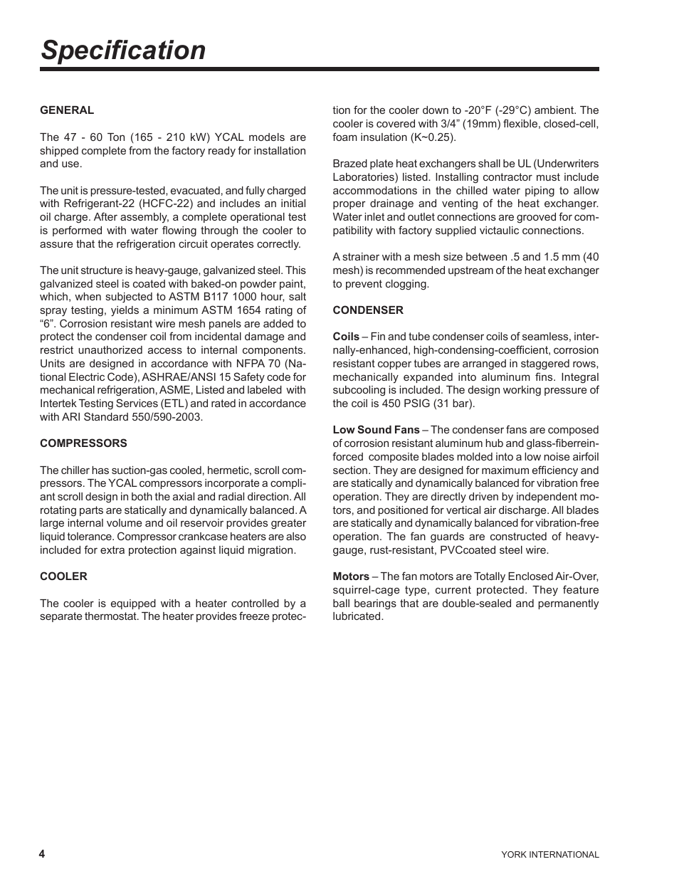 Specification, Speciﬁcation | York YCAL0041 User Manual | Page 4 / 80