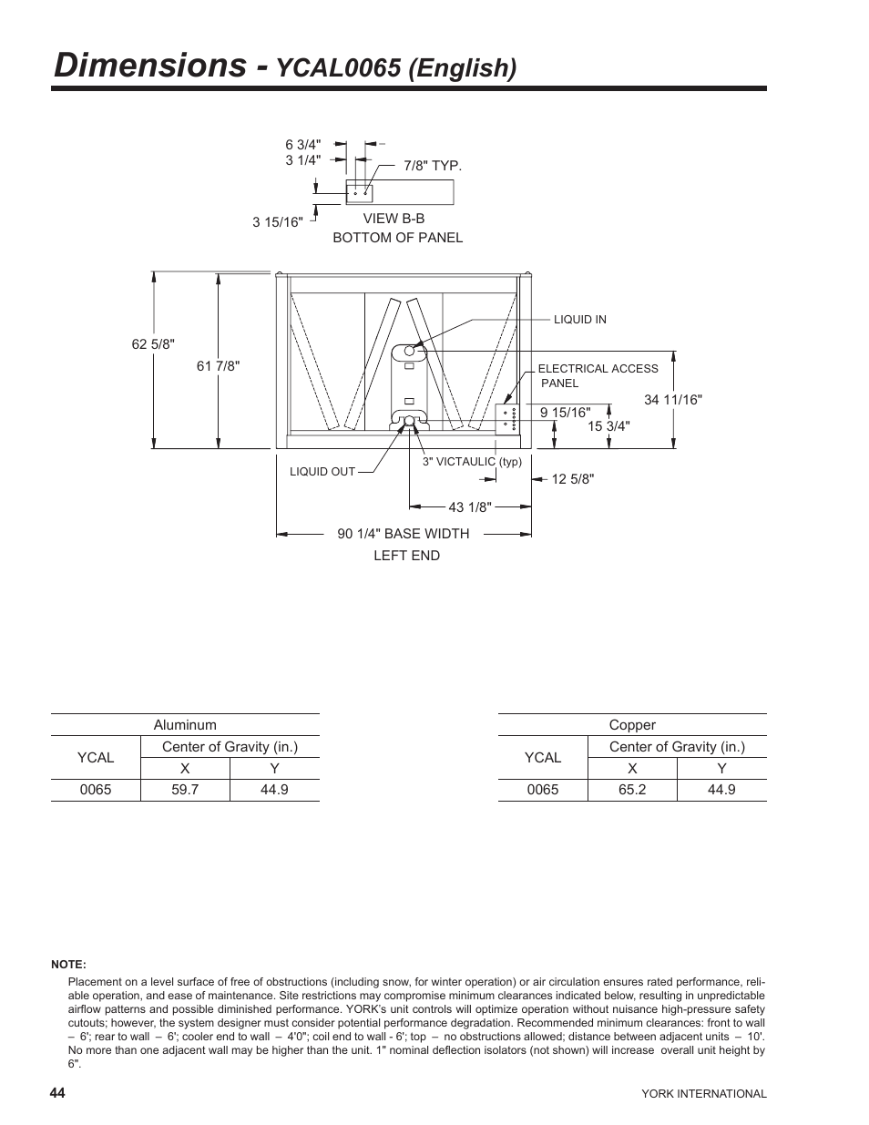 Dimensions - ycal0065 (english), Dimensions, Ycal0065 (english) | York YCAL0041 User Manual | Page 44 / 80