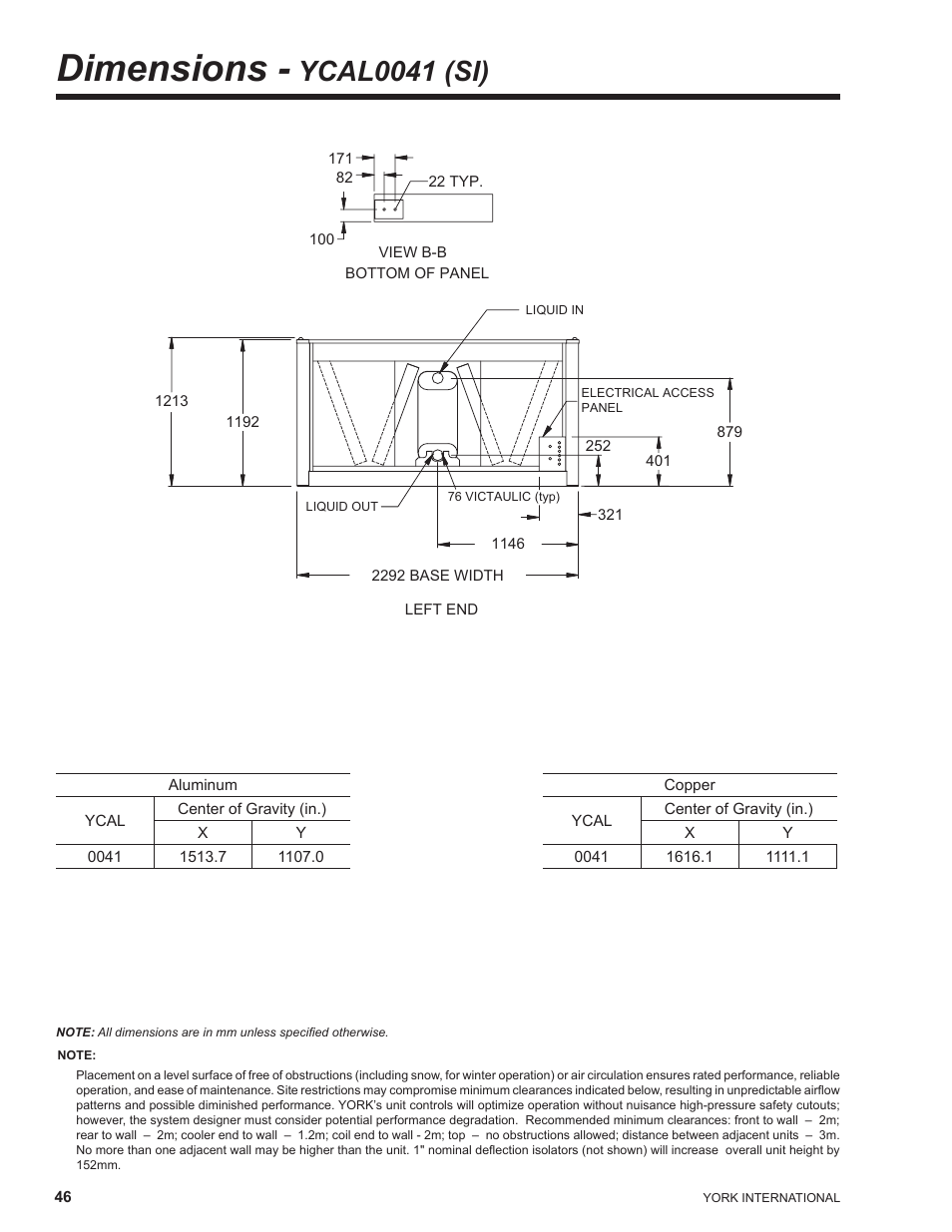 Dimensions - ycal0041 (si), Dimensions, Ycal0041 (si) | York YCAL0041 User Manual | Page 46 / 80