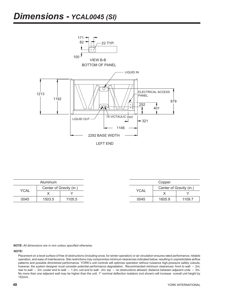 Dimensions - ycal0045 (si), Dimensions, Ycal0045 (si) | York YCAL0041 User Manual | Page 48 / 80