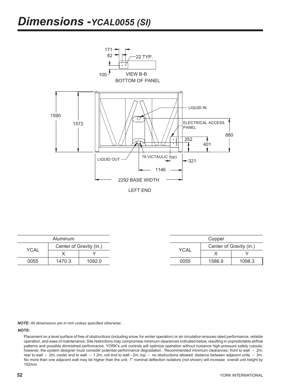 Dimensions -ycal0055 (si), Dimensions, Ycal0055 (si) | York YCAL0041 User Manual | Page 52 / 80