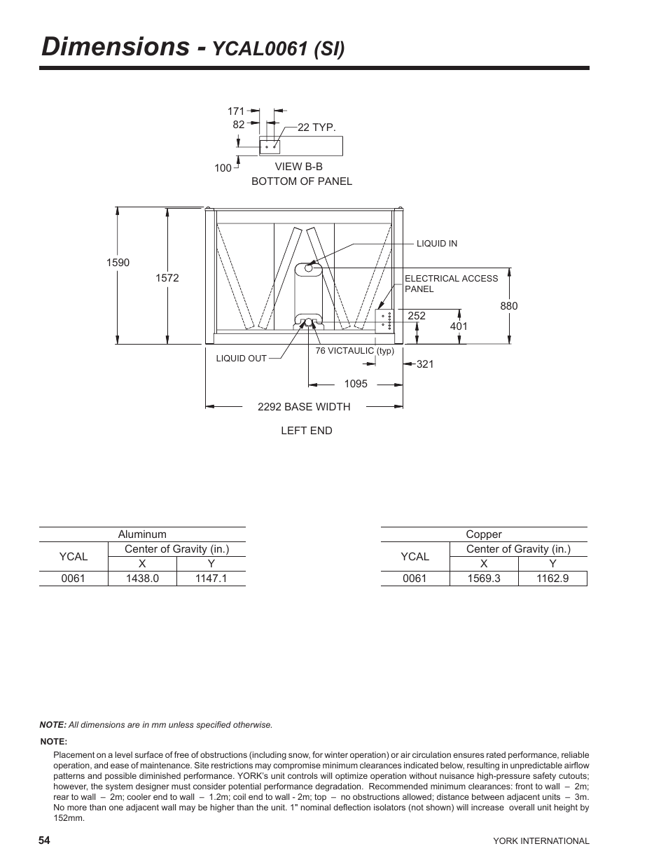 Dimensions - ycal0061 (si), Dimensions, Ycal0061 (si) | York YCAL0041 User Manual | Page 54 / 80