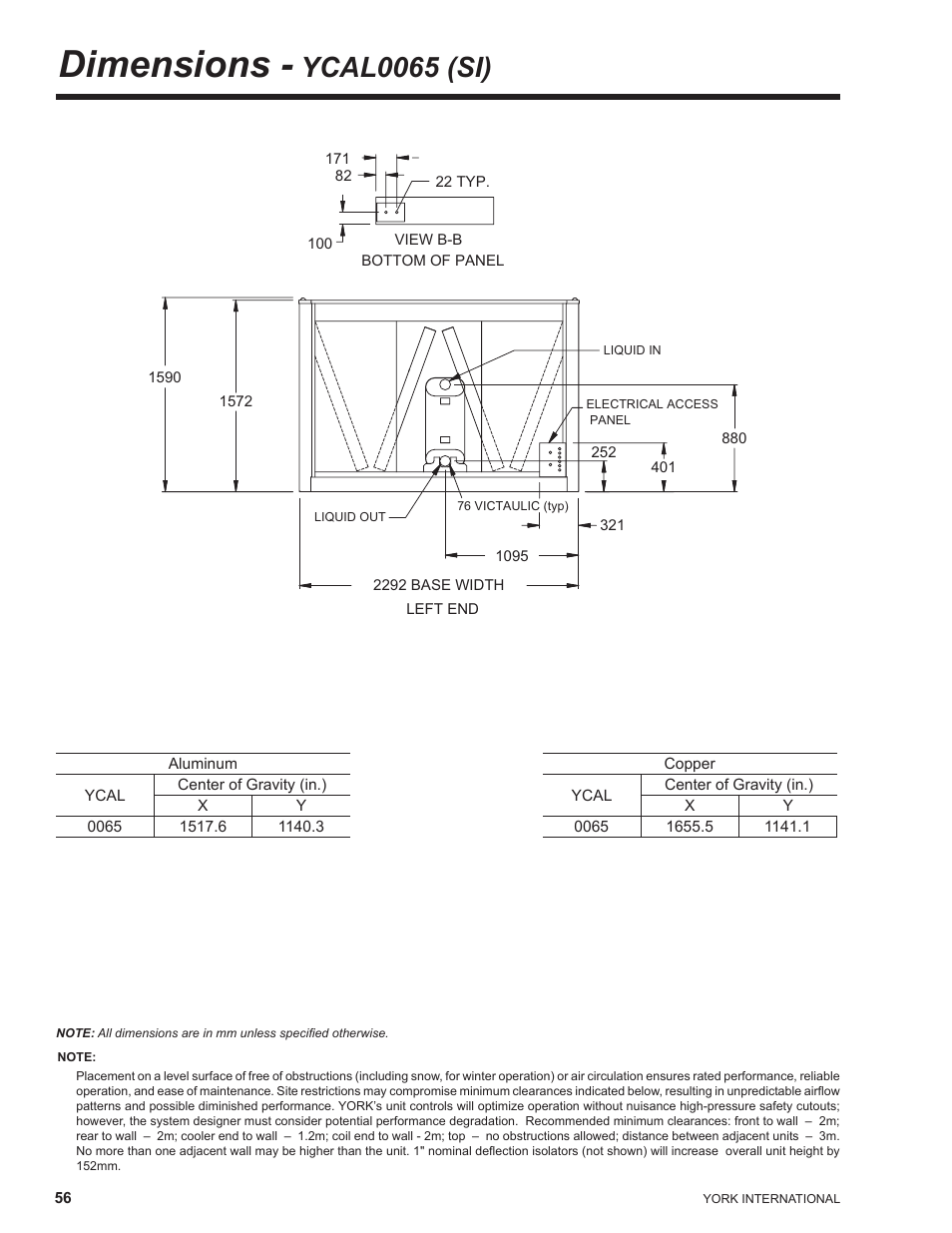 Dimensions - ycal0065 (si), Dimensions, Ycal0065 (si) | York YCAL0041 User Manual | Page 56 / 80