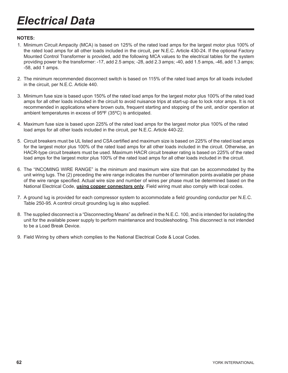 Electrical data | York YCAL0041 User Manual | Page 62 / 80