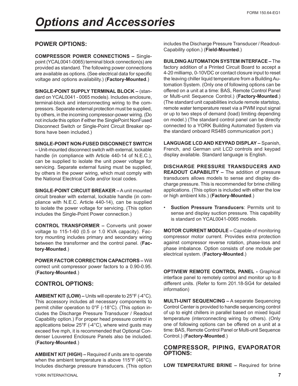 Options and accessories | York YCAL0041 User Manual | Page 7 / 80