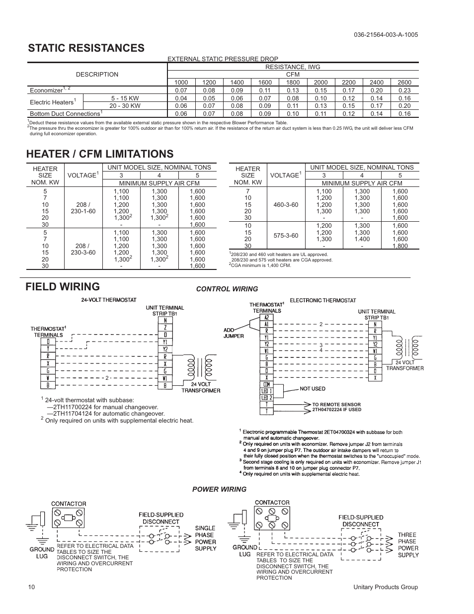 Heater / cfm limitations, Field wiring, Static resistances | York 2000 User Manual | Page 10 / 24