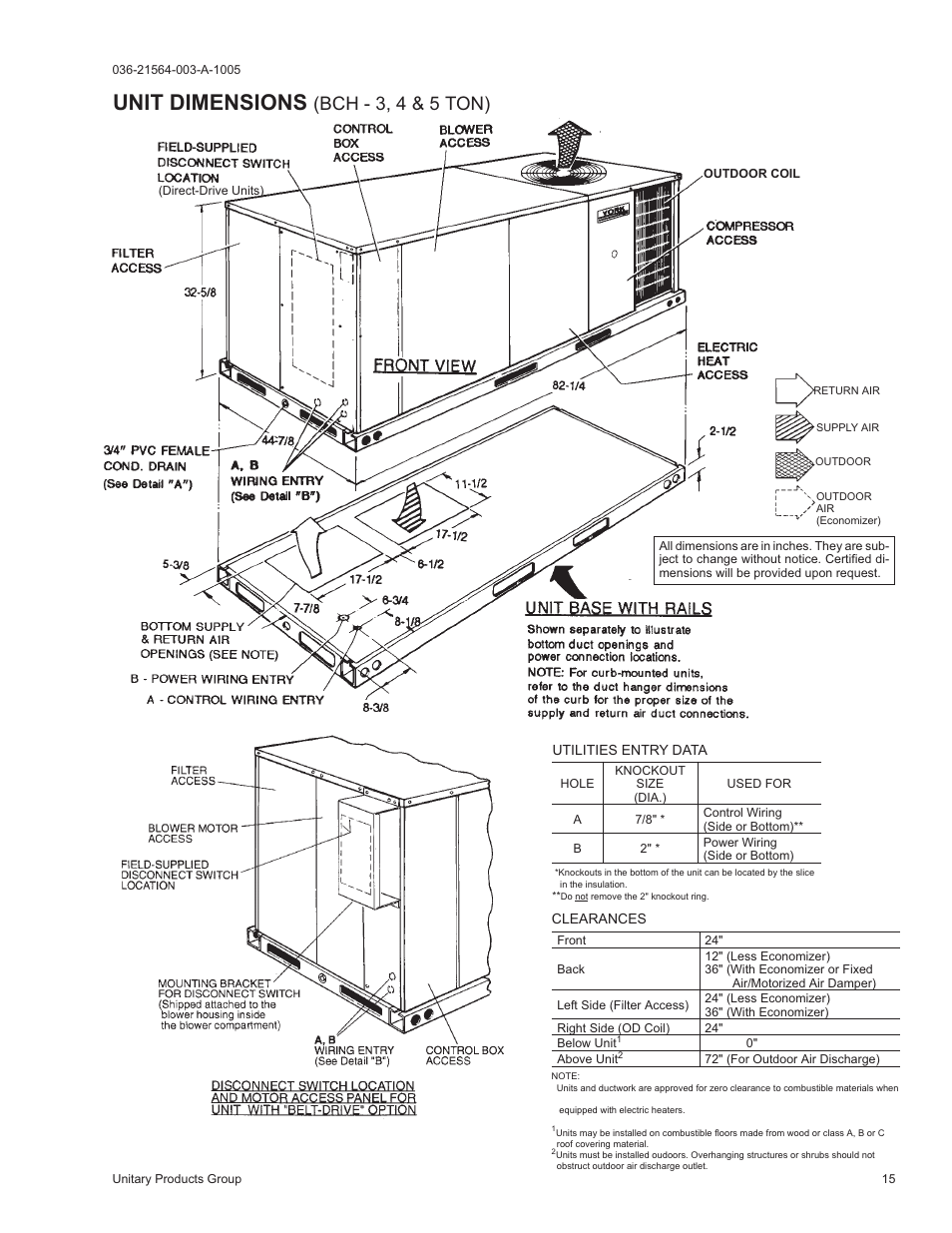 Unit dimensions, Bch - 3, 4 & 5 ton) | York 2000 User Manual | Page 15 / 24