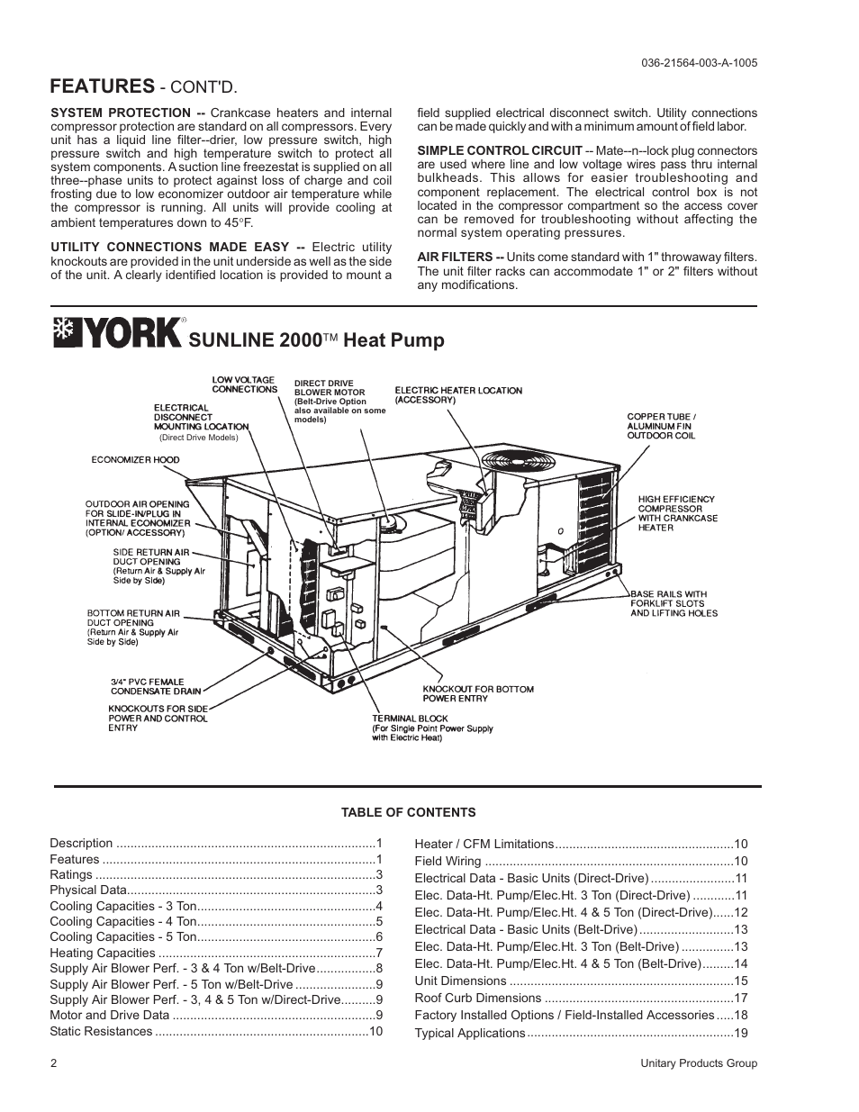 Features, Sunline 2000 ™ heat pump, Cont'd | York 2000 User Manual | Page 2 / 24