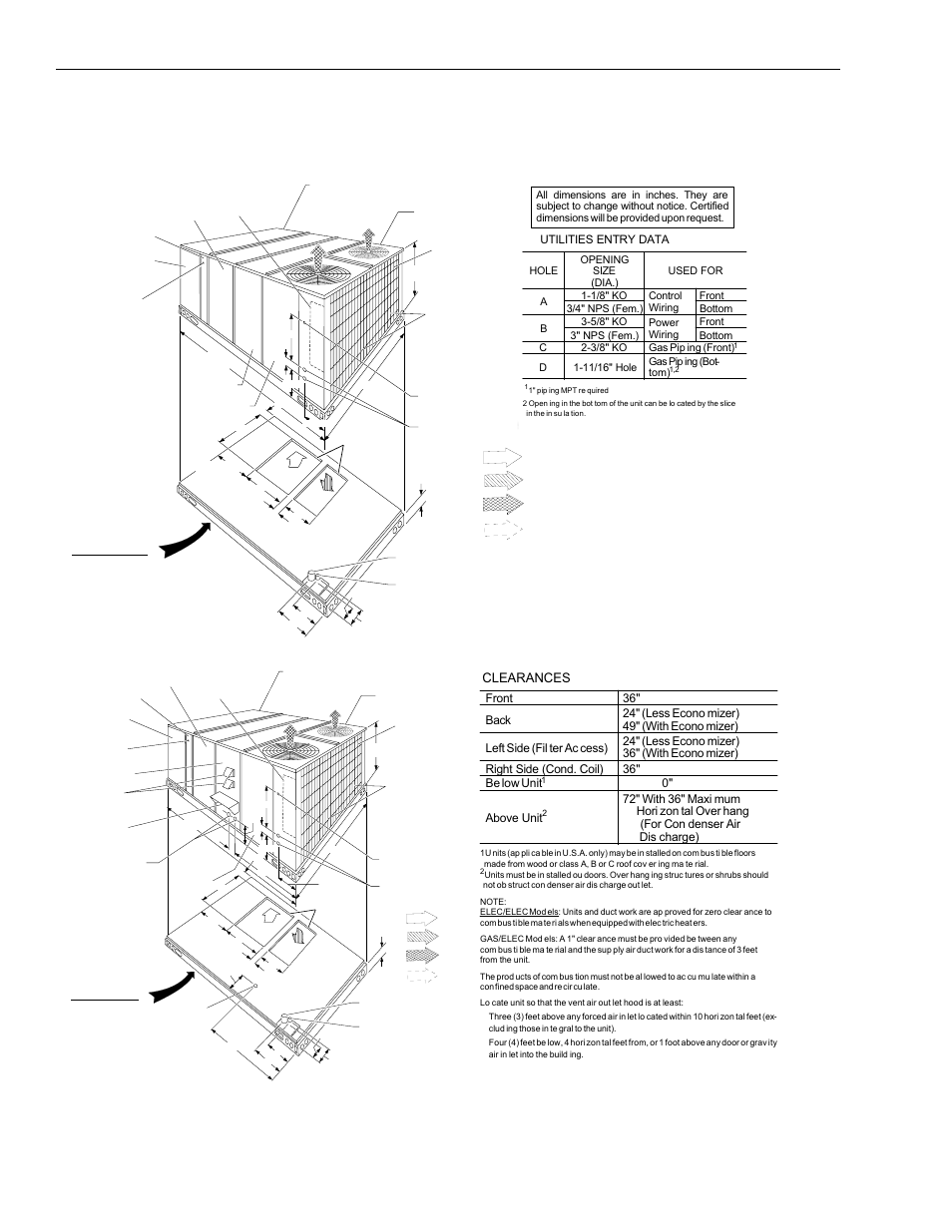 Clearances, 10 unitary products group, 2 0" above unit | Front view, Utilities entry data | York D2CG User Manual | Page 10 / 24