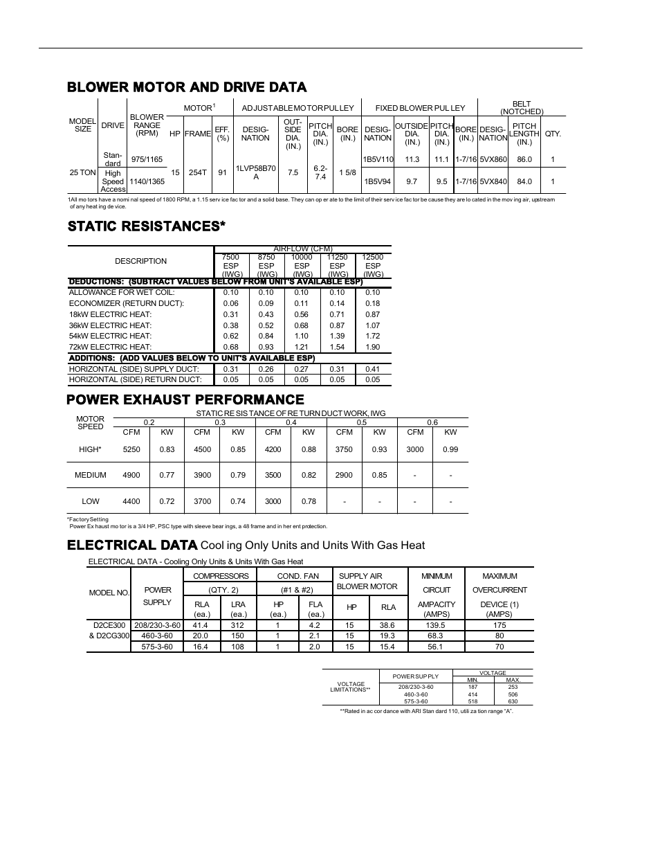 Elec tri cal data, Static re sis tances, Cool ing only units and units with gas heat | York D2CG User Manual | Page 8 / 24