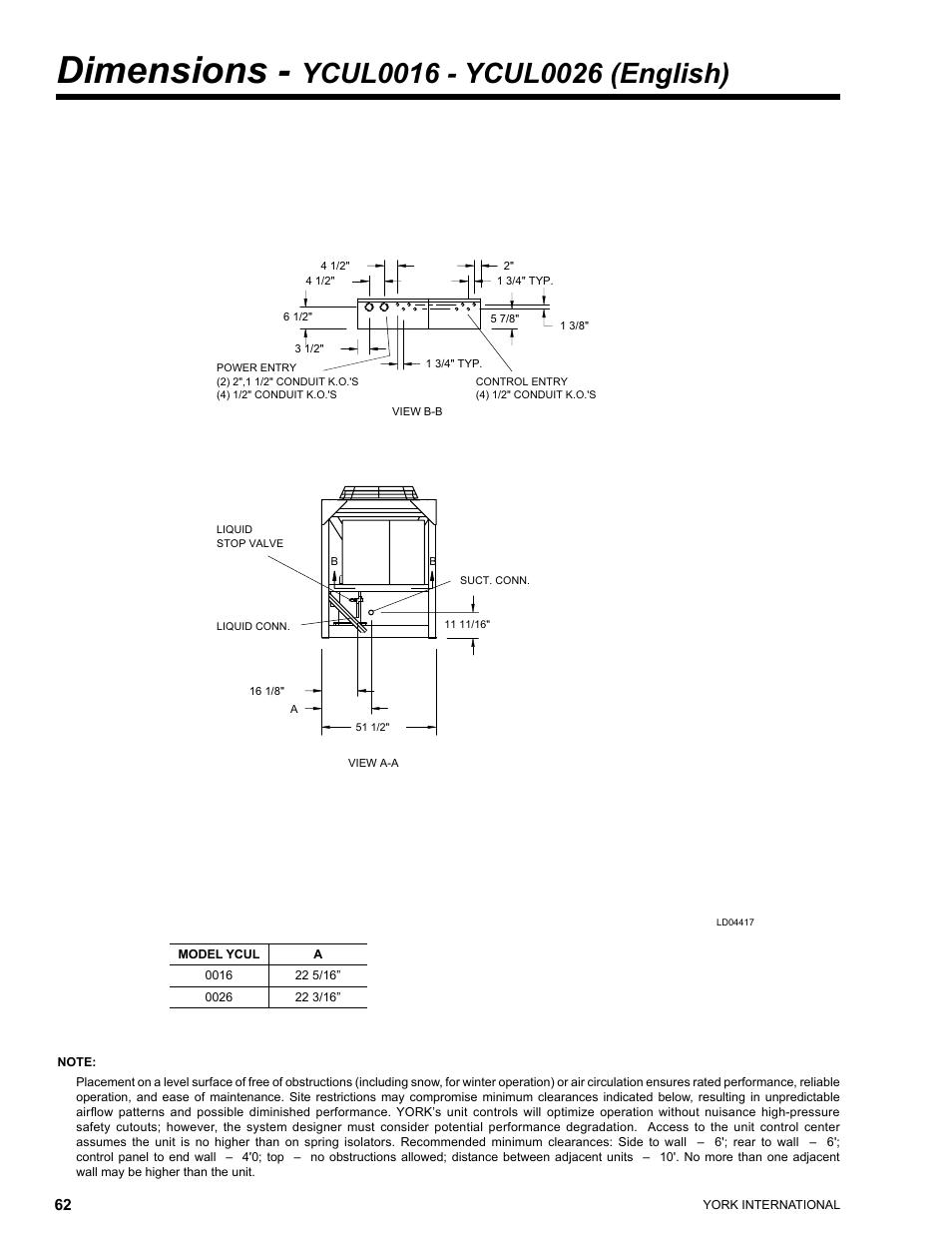 Dimensions | York YCUL0016 User Manual | Page 62 / 124