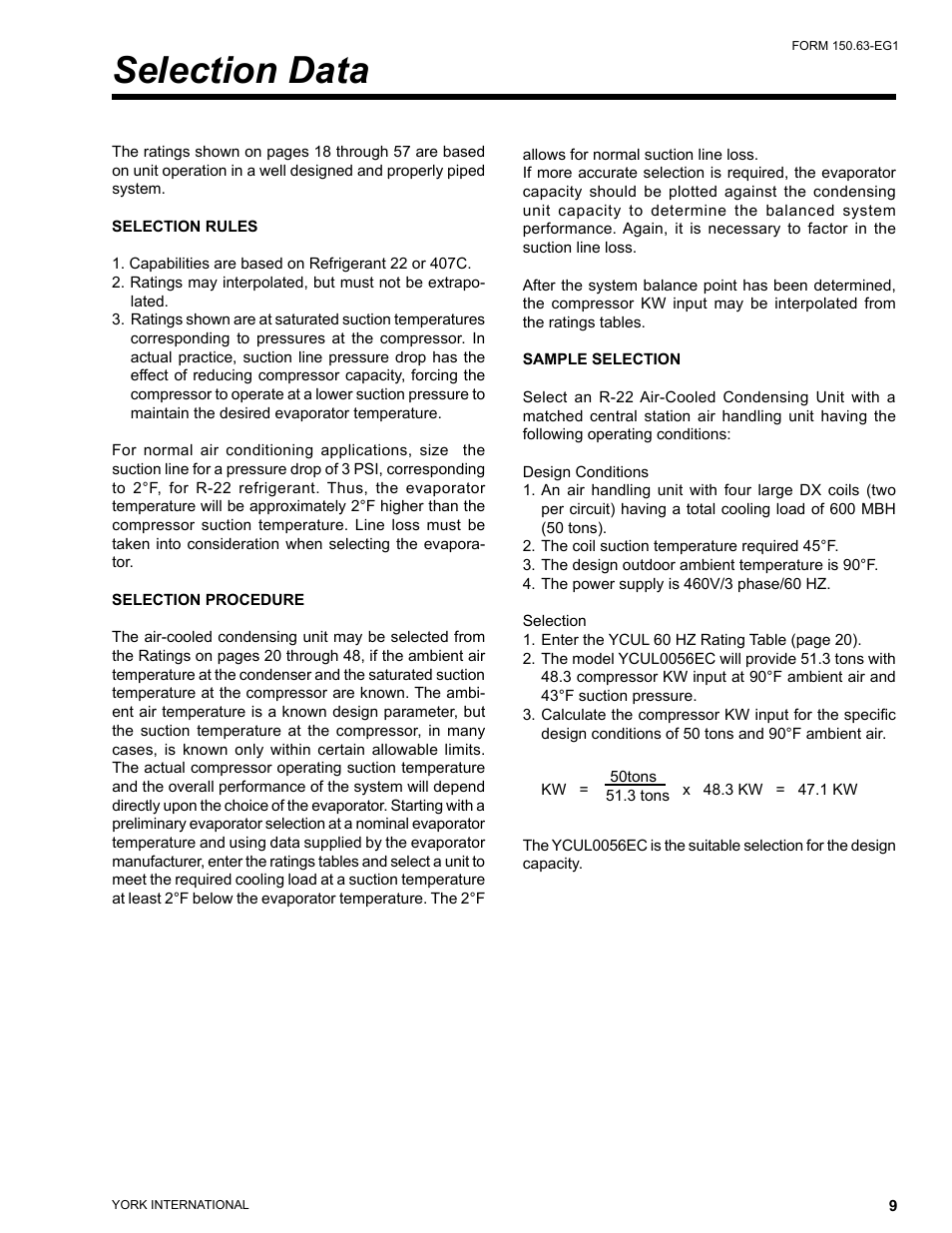 Selection data | York YCUL0016 User Manual | Page 9 / 124