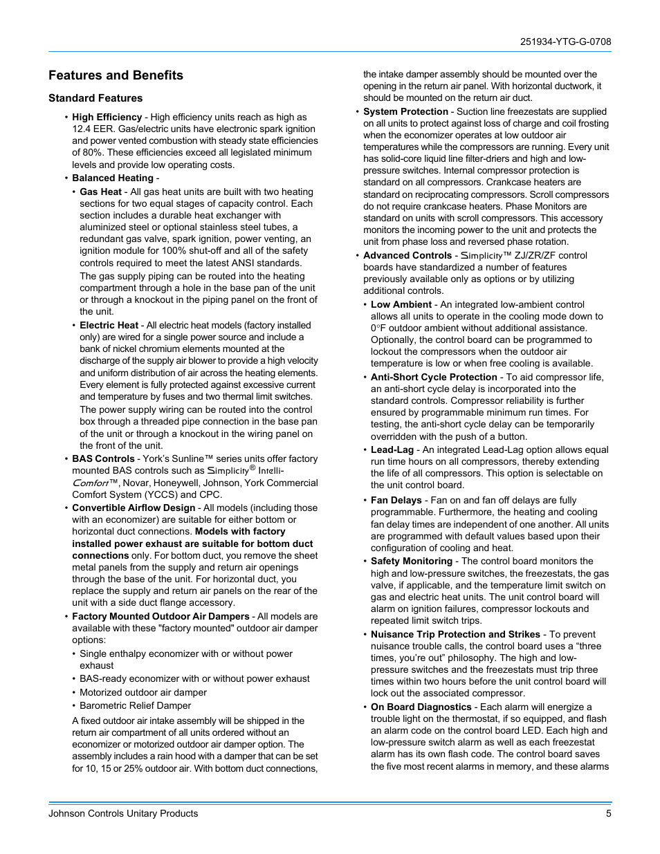 Features and benefits | York ZJ R-410A User Manual | Page 5 / 104