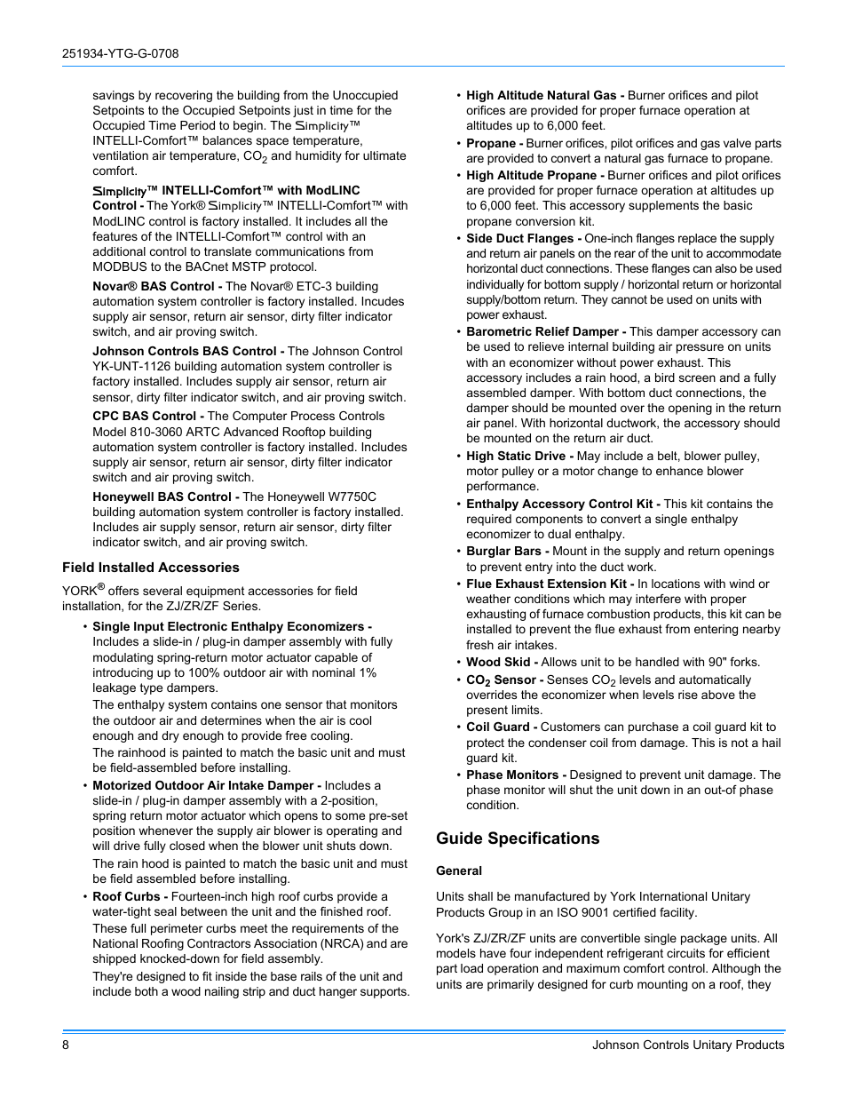 Guide specifications | York ZJ R-410A User Manual | Page 8 / 104