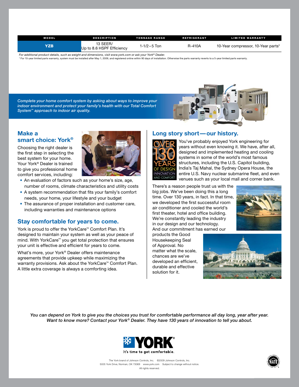 Make a smart choice: york, Stay comfortable for years to come, Long story short — our history | York AFFINITY YZB User Manual | Page 4 / 4
