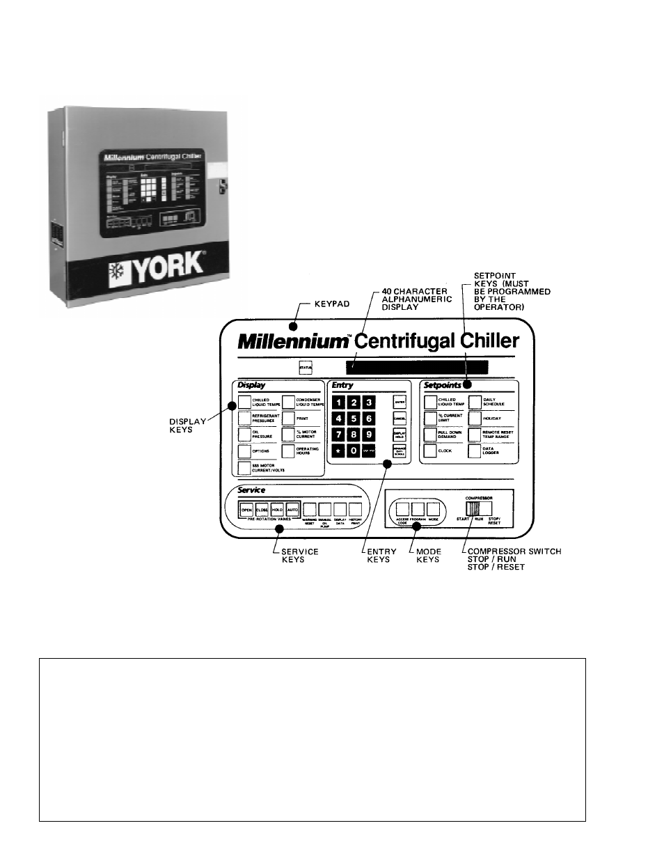 Section 2, Microcomputer control center, Fig. 3 – microcomputer control center and keypad | Warning | York Millennium YK M3 M3 G4 THRU YK S6 S4 J2 User Manual | Page 6 / 60