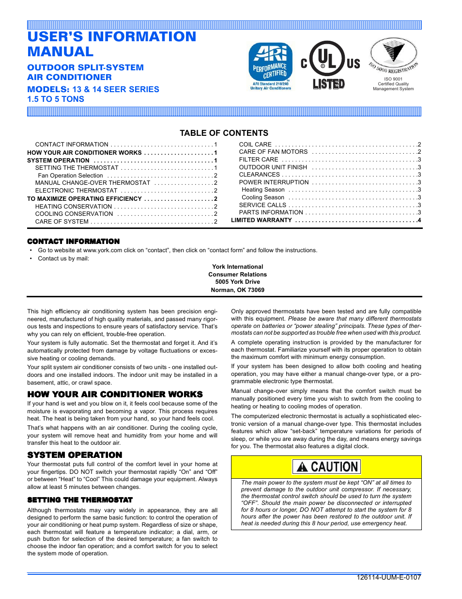 York 14 Series User Manual | 4 pages