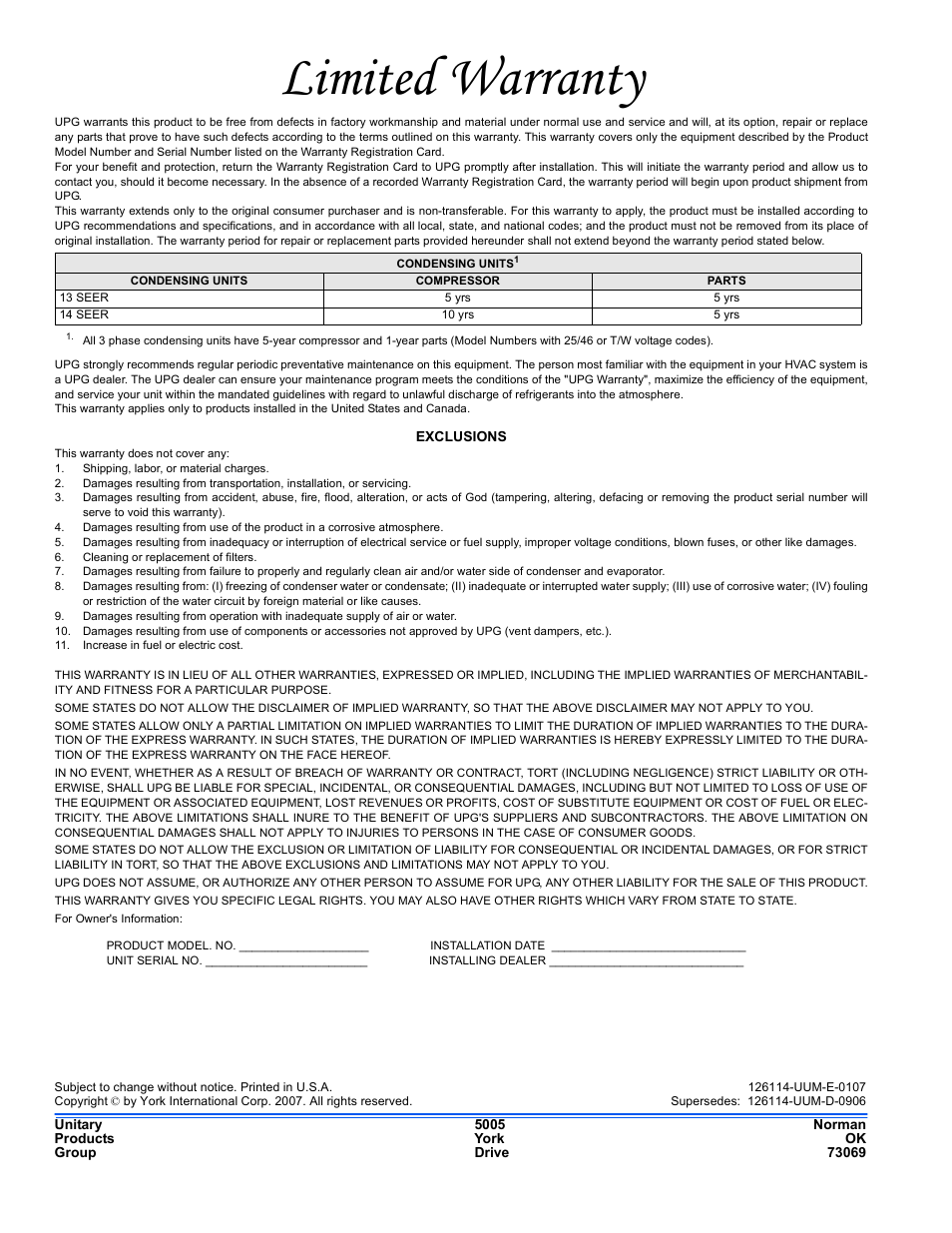 Limited warranty | York 14 Series User Manual | Page 4 / 4
