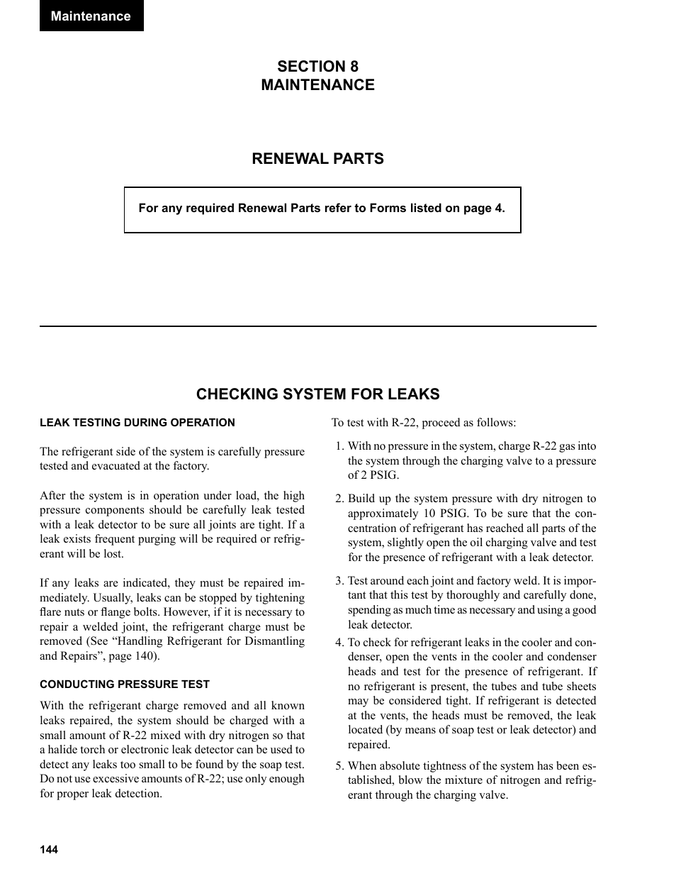 Section 8, Checking system for leaks | York R123 User Manual | Page 144 / 156