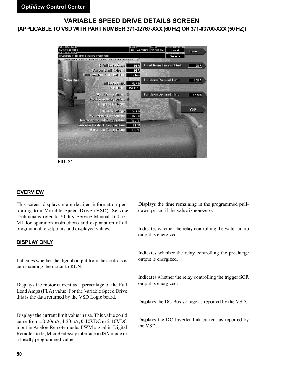 Variable speed drive details screen | York R123 User Manual | Page 50 / 156