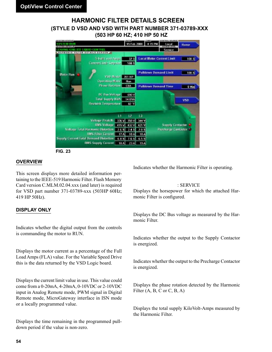 Harmonic filter details screen | York R123 User Manual | Page 54 / 156