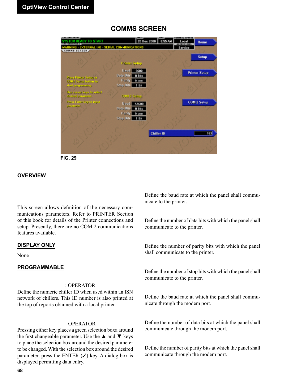 Comms screen | York R123 User Manual | Page 68 / 156