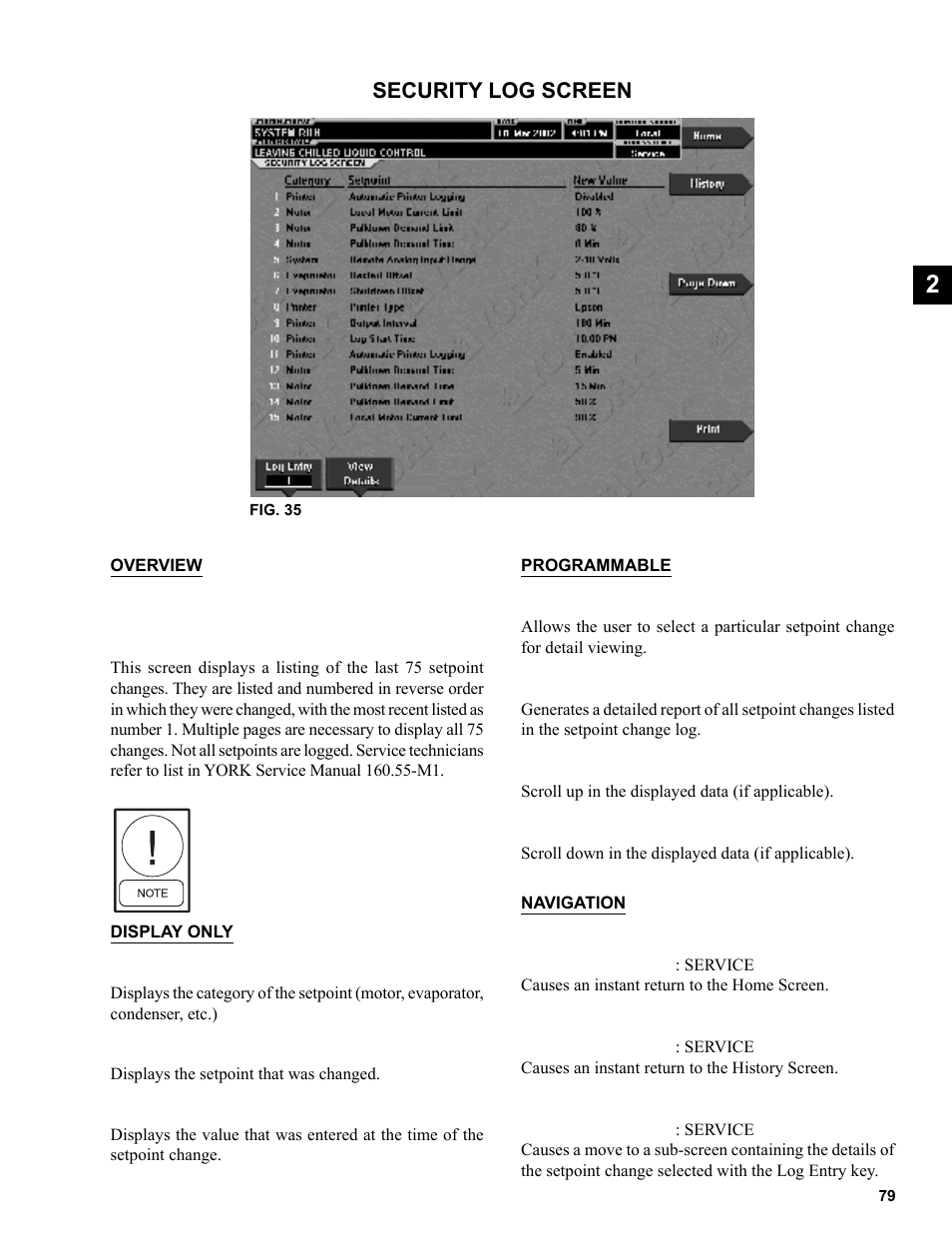 Security log screen | York R123 User Manual | Page 79 / 156